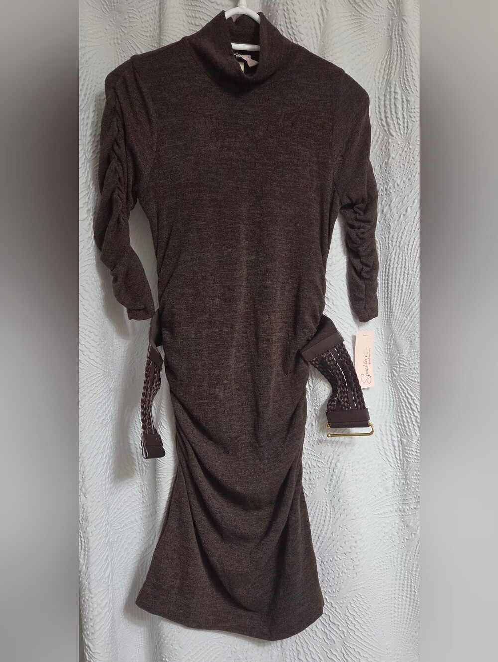BNWT Brown Long Sleeve Ruched Side Dress with Braided Belt.